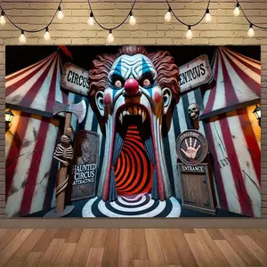 1pc 2D Flat Haunted Party Banner - Durable Polyester Horror Decoration with Spooky Clown, Menacing Red Eyes, Bold Sign, Skull - Festive Home Backdrop for Halloween Indoor Ornaments, Birthday Party