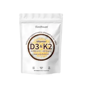 Vitamin D3 K2 Supplement Softgel 10000 IU D3 200 mcg K2 in Coconut Oil 180 Count Non-GMO Gluten Free Vegan Healthcare Dietary