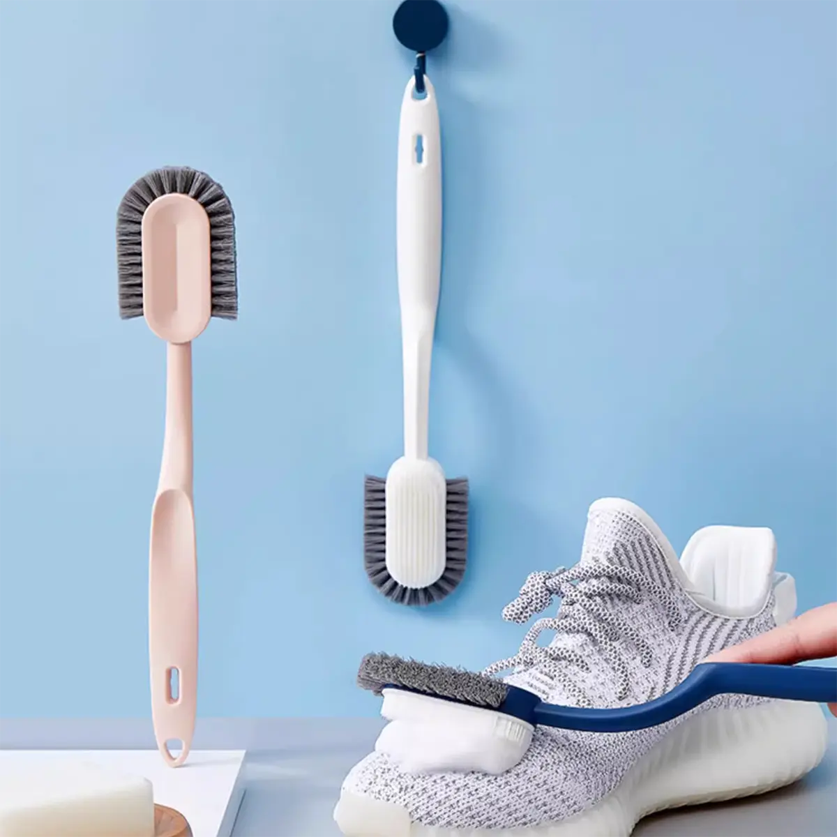 White Cleaning Brush Shoes with Handle Multi Use, Clothes Kitchen Washing Brush Plastic