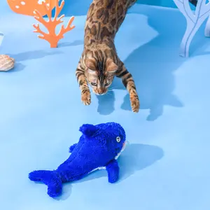 EYS Biting Shark Flop & Jump Interactive Plush Cat Toy USB Rechargeable Blue Colorful Design for Pet Playtime