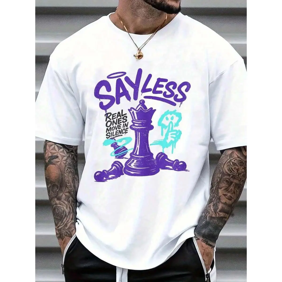 Sleeveless Pull-On Loose-Fitting "SAYLESS" Chess Graphic T-Shirt, Purple & Teal Print Digital Transfer Printing Street Style Casual Sports Top for Men, Soft, Streetwear
