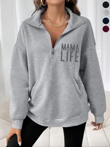 Men's Casual Loose-Fit Knit Hoodie with Letter Print, Pocket, Half-Zipper Design, Long Sleeve Stand Collar Pullover Sweatshirt, Streetwear Sweatshirt for Fall & Winter