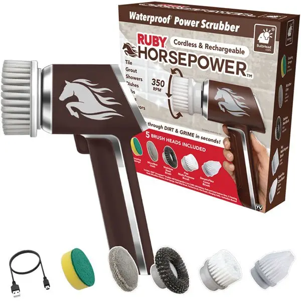 Ruby Horsepower Scrubber Waterproof Spin Brush for Cleaning Bathroom, Kitchen, Indoor Outdoor Use, 5 Replaceable Brush Heads Rechargeable