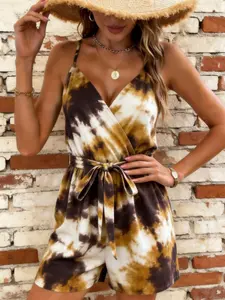 Women's V Neck Strapless Romper Short Pants, Elegant Casual Style Jumpsuit with Tie Waist Design, Perfect for Summer Daily Wear, Beach Vacation, Party