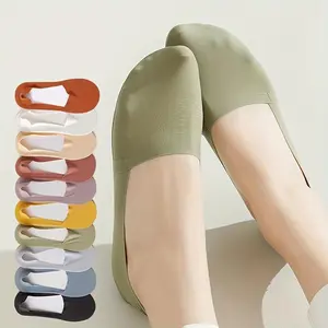 10 Pair Pack Women's Spring And Summer Thin Solid Color Low-Cut Non-Slip Slip-Proof Ice Silk Boat Socks