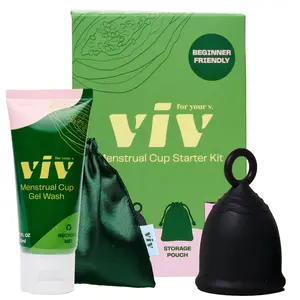 Viv Period Cup Starter Kit - Beginner Menstrual Cup with Ring Stem, 100% Medical-Grade Silicone, Dark Color, Comfortable & Toxin-Free, with All-Natural Cup Cleanser and Storage Pouch