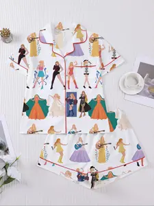 Women's Concert Movie Sleepwear Loungewear Set, Short Sleeve Button-Down Soft Top & Loose Elastic Shorts, Casual Home Wear for Swift Fans