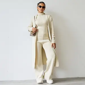 Women's Classy Turtle Neck Tank Top & Wide Leg Trousers with Open-Front Long Cardigan Set, Fall & Winter Solid Color Three-Piece Set (US)#BlackFriday#
