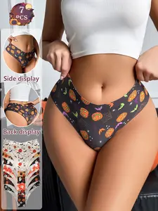 Pack of 7/9/12/14/21 New Halloween Full-Print Women's Underwear – Colorful Triangle Panties with Pumpkins, Skulls, Ghosts, Fan-Shaped Slim Fit, Simple, Comfortable, Sexy, Cute and Fun for Holiday and Everyday Wear Fashion Comfy Underwear
