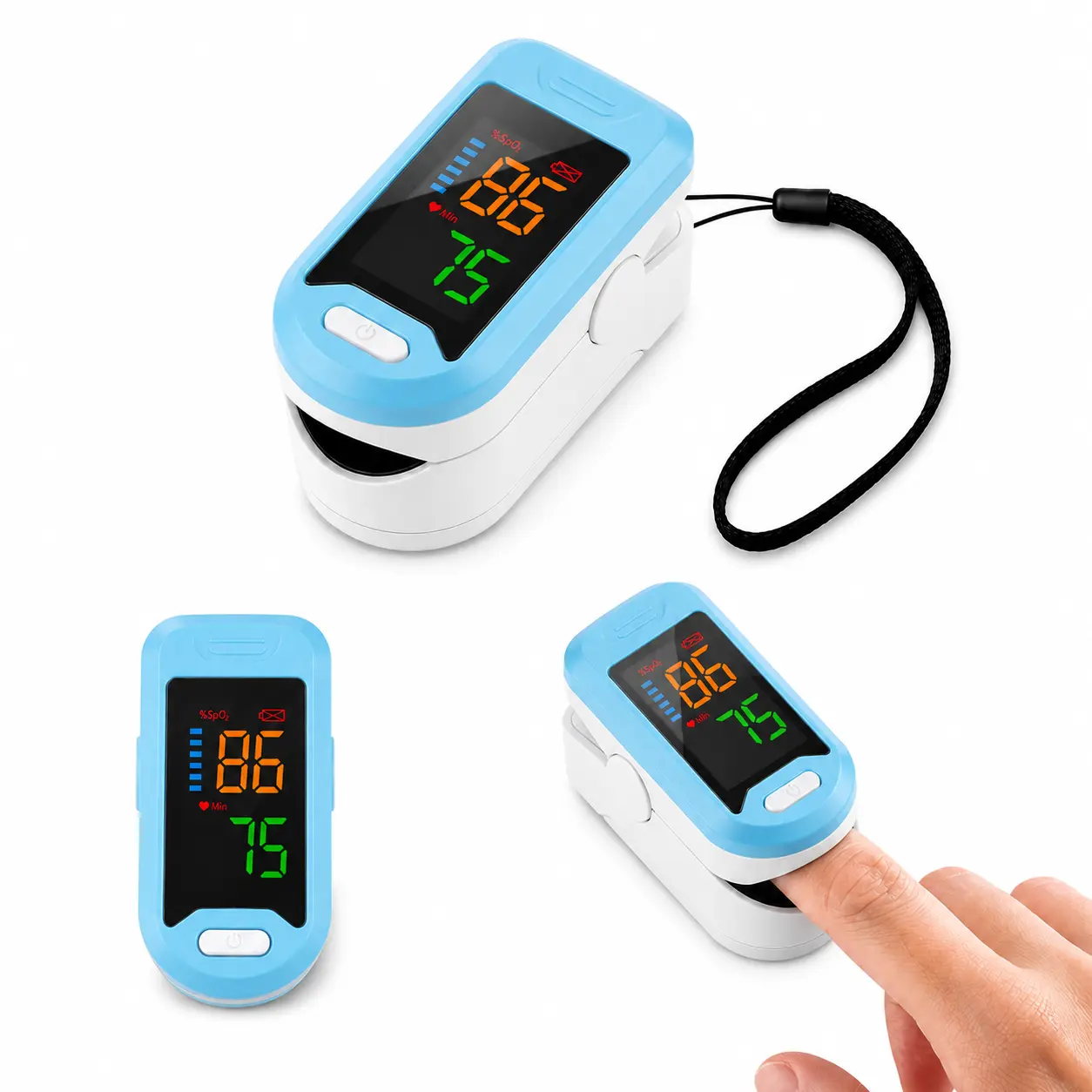 Blue Portable Fingertip Wellness Reader, Finger Clip Device with LED Screen, One-Button Operation, Lanyard and Lightweight Design for Home Reference Use