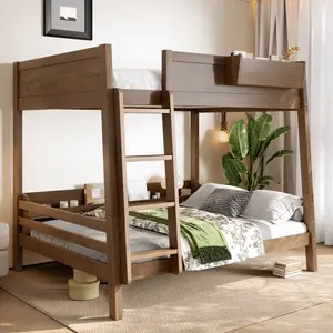 [Bellemave]Full /Queen Bunk Bed With  Storage Shelf and Bookshelf,Wood Bunk Bed with Ladder and Guardrails,Detachable Design,Vintage Wood