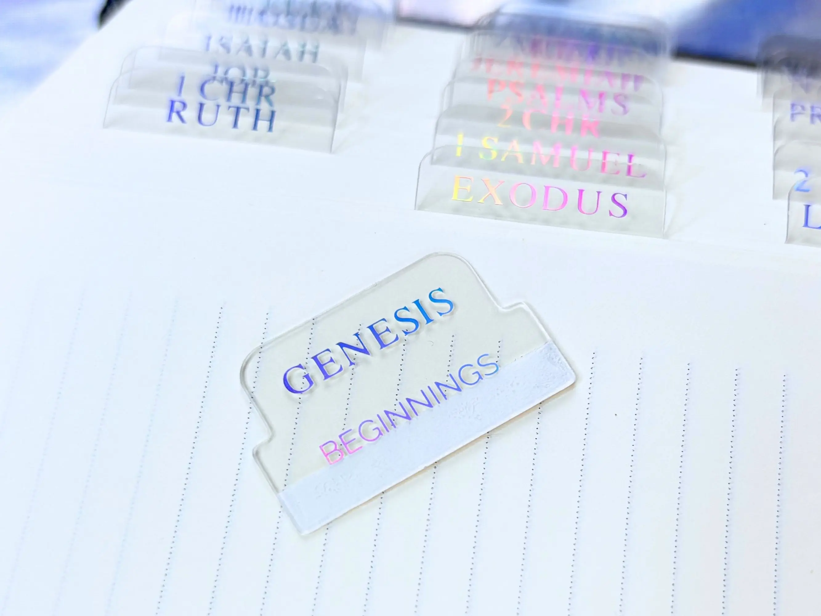 Holographic Transparent Clear Bible Tabs Holo Foil for Books of the Bible English Peel and Stick Christian Book Themes