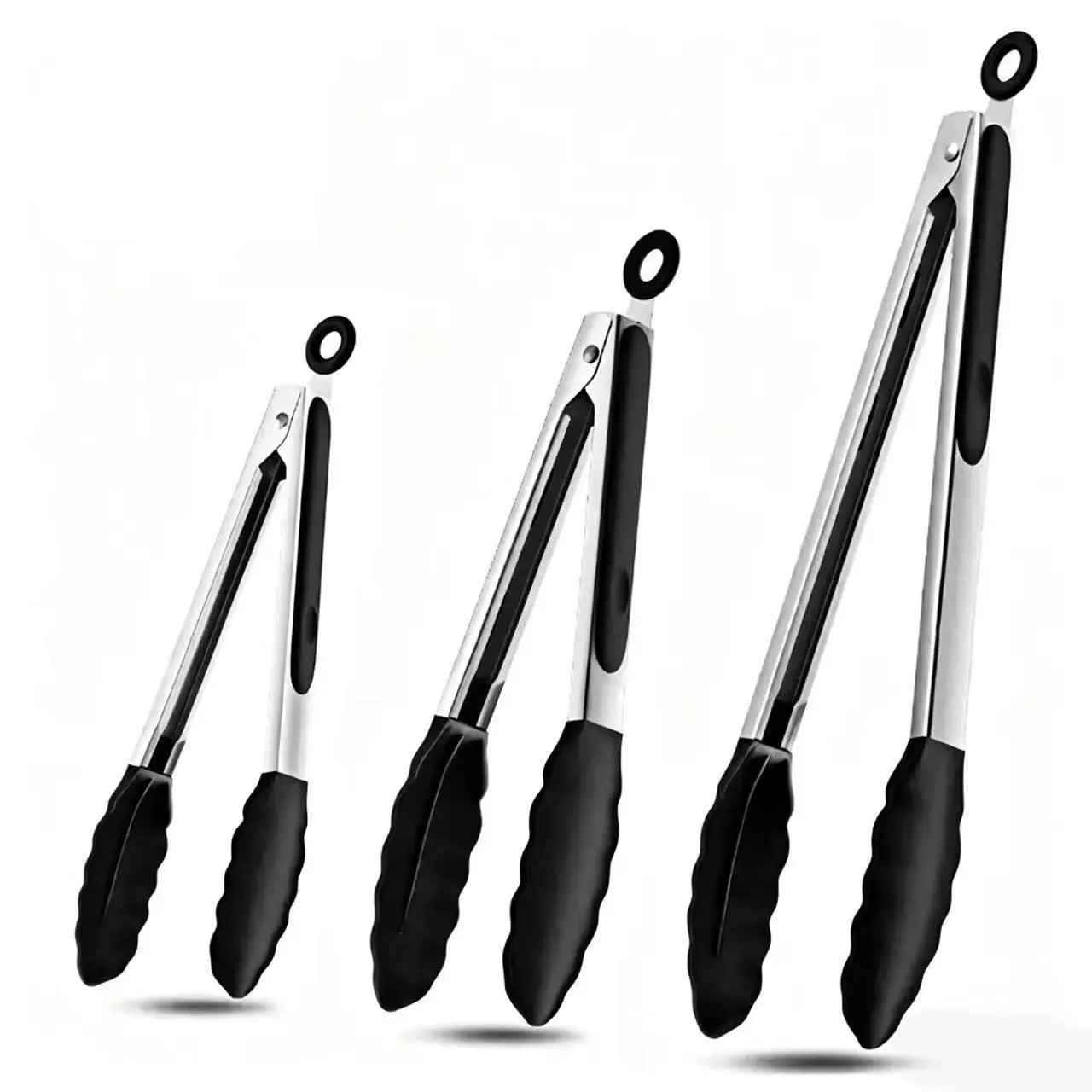 Black Stainless Steel Tongs Set – 7”, 9” & 12” Heat Resistant Kitchen Tongs with Silicone Tip, Strong Grip for Cooking, Salad Tossing, Air Fryer, BBQ & Grill – Pull Lock, Black – Set of 3