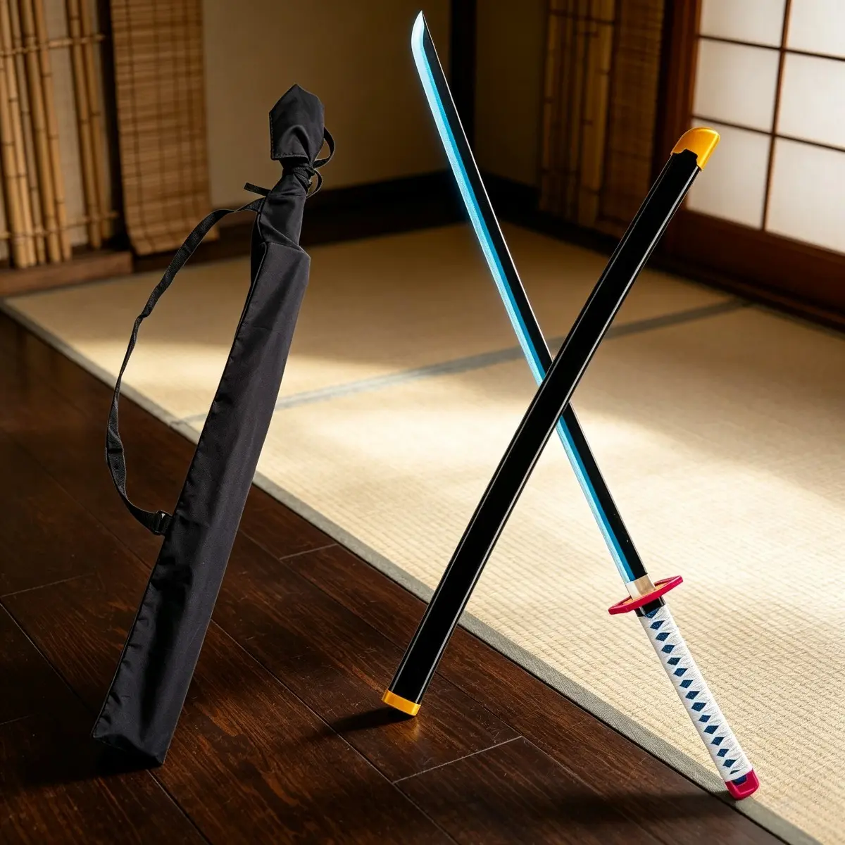 33 Inch Unsharpened Premium Blue Anime Katana Sword with Wall Hanger, Decorative Collectible Cosplay Prop, Themed Party Costume Accessory, Anime Display Model Gift for Friends