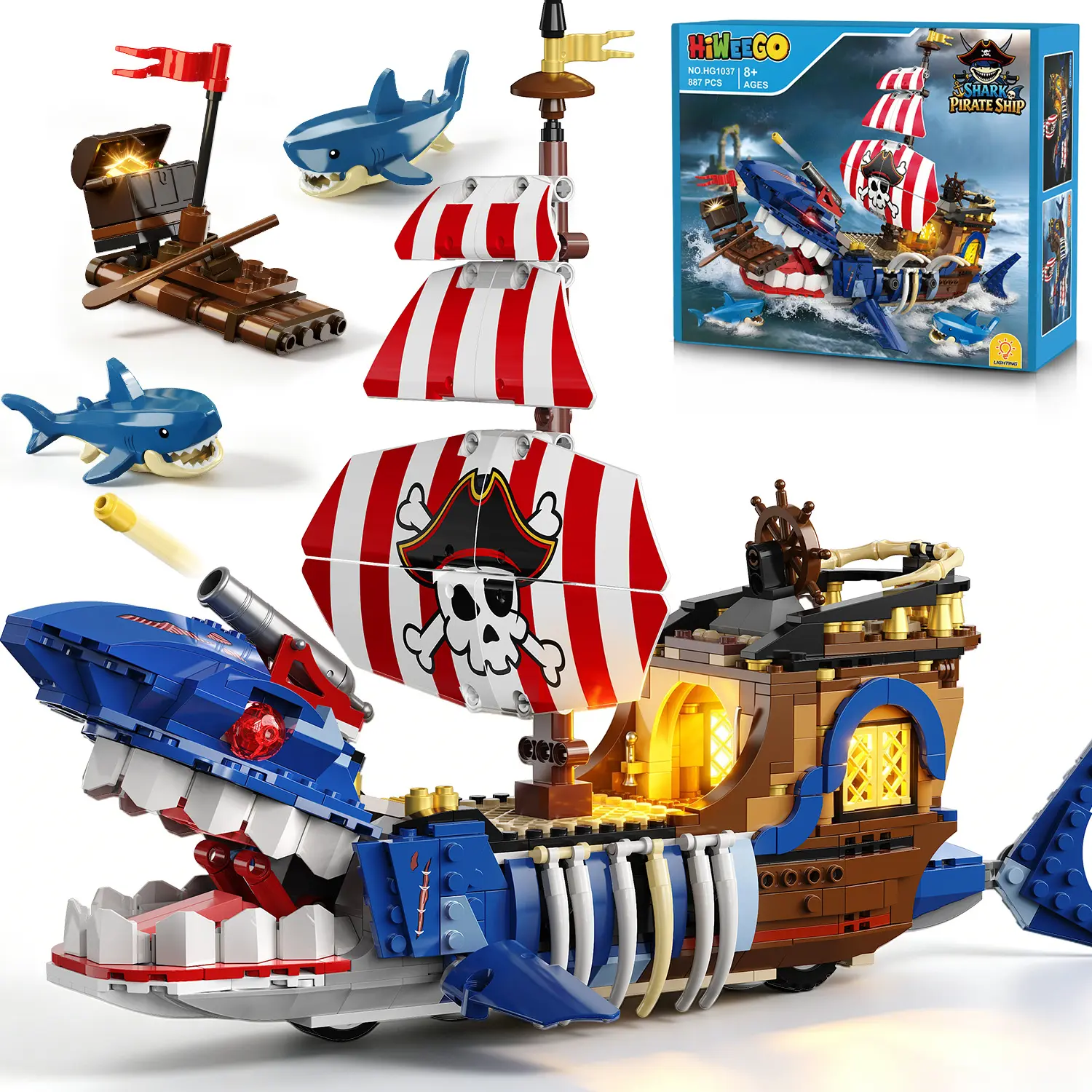 HiWEEGO Shark Pirate Ship Building Set with LED Light, 887PCS Ocean Adventure Pirate Boat Building Blocks Kit for Boys Ages 8-12, Chomping Shark Mouth Boat Toy Set Birthday Gift for Kids Girls 8 9 10+
