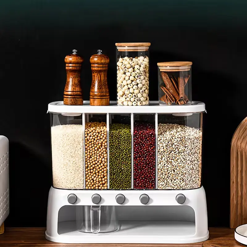 Upgraded 5-Compartment Sealed Square Plastic Kitchen Storage Box, 12L Japanese Style Dry Food Organizer, Moisture-Insect Proof for Rice, Beans, Pasta, Space-Saving Home Storage Bin Ideal Gift