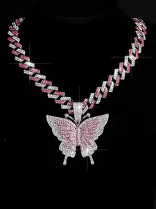 Hip-Hop Colorful Cuban Chain Necklace with Butterfly Pendant, Romantic Dazzling Jewelry for Men and Women, Ideal Gift for Festivals, Gemstone Necklace