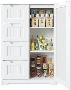 Gizoon 33" Kitchen Pantry Storage Cabinet with Door and Shelves, Small Food Pantry Cabinet Cupboard, Freestanding Wooden Bathroom Storage Cabinet with 4 Drawers for Kitchen and Dining Room, White Organizer Furniture