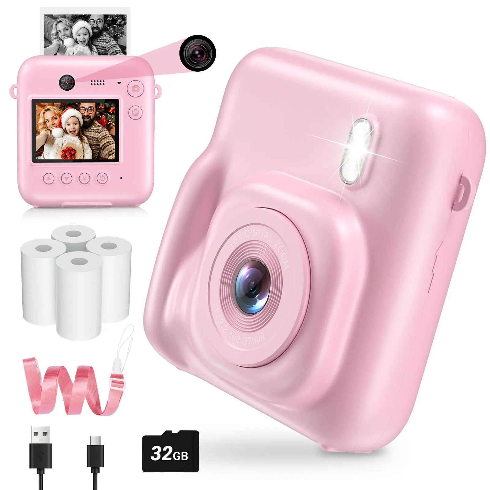 Portable Mini Pocket Instant Print Digital Camera, Instant Cameras That Print Photos, 1080P Video Camera with 32G Card & 4 Rolls Print Paper, Camera for Boys and Girls Birthday Gifts