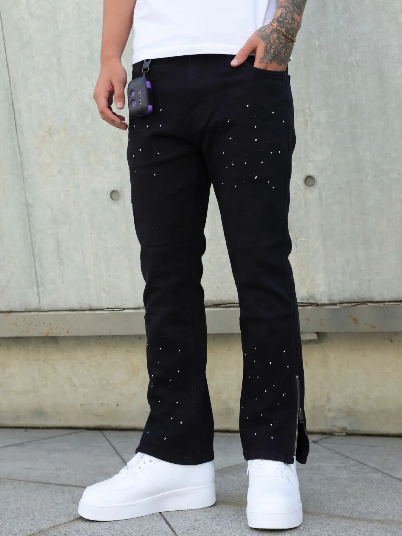 Men's Splatter Slim Fit Stretch Micro Flare Jeans, Zipper Fly High Street Hip Hop Style, All Season Streetwear Denim Jeans