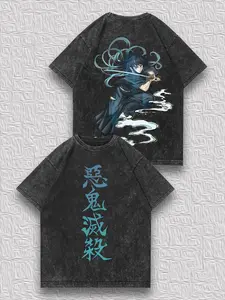 valentine shirts Men's Retro Vintage Distressed Double-Sided T-Shirt - Demon Slayer Mist Hashira Muichiro 230g Heavyweight Print, Anime Street Style "Demon Extermination" Text, 100% Cotton Short-Sleeve
