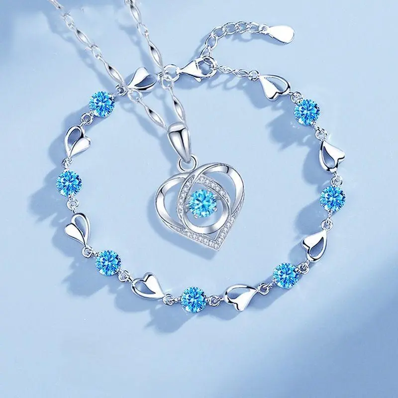 Women's 925 Sterling Silver Heart Necklace-Bracelet Set, Vintage Korean Crystal Party Jewelry, High-Quality Valentine’s Day Gift, Necklaces for Women, Jewelry For Women