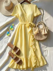 Wrap V-Neck Short Sleeve Midi Dress, Ruffle Tie Design, Perfect for Vacation, Beach, Brunch, Picnic, Daily Wear, Office