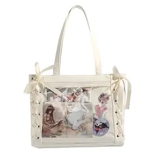 FAURALA Ribbon-Tie Side Straps Ita Bag - Kawaii Shoulder Display Purse with Clear Window for Pins & Photocards  perfect for adding a soft girly touch to your coquette, fairy kei, or fashion outfits
