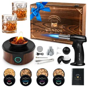Electric Whiskey Smoker Kit with Torch, Luxurious Wooden Box, 4 Wood Chips, Ice Molds, Recipe, Stones,  Old Fashioned Bourbon Cocktails Smoker, Gifts for Men, Dad(Without Butane)