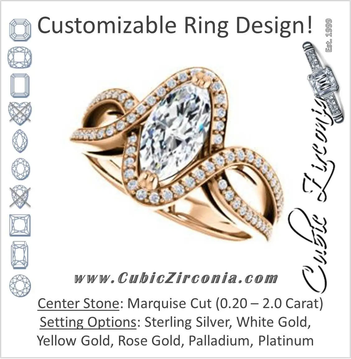 Cubic Zirconia Engagement Ring- The Goldie (Customizable Marquise Cut Center with Twisty Split-Pavé Band and Artisan Halo)