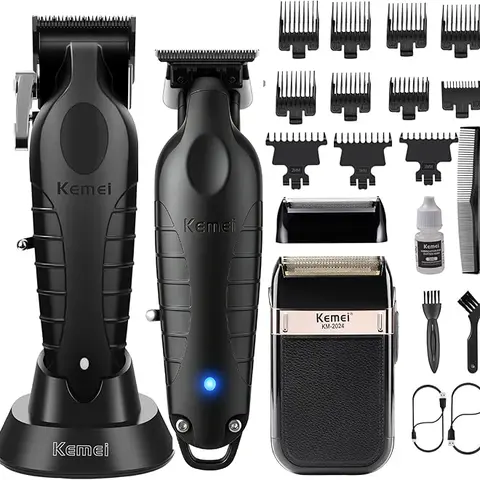 KEMEI All-in-1 Men's Barber Clippers & Trimmer Kit - Professional Equipment, Cordless Rechargeable, LCD Display, USB Fade Tool, Shaver Trimmer, Head Shaver, Face Grooming, Clipper Blade, 2 Brushes, 2 Type-C Cables, KM-2299/KM-2296/KM-2024 Glaker Gift Set