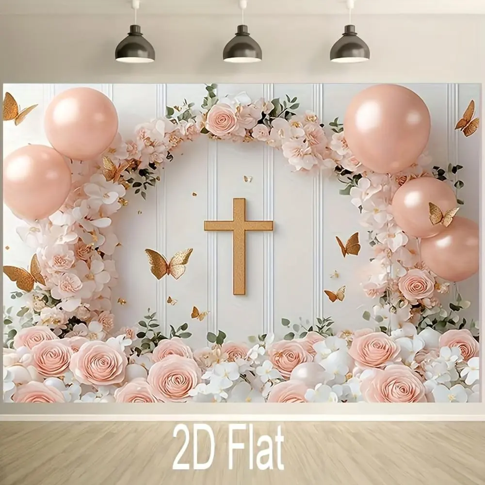 1pc Printed Polyester 2D Flat Wall Decor Banner - Outdoor Flat Banner, Square Balloon Backdrop, Blush Pink Roses, Golden Butterflies Baptism Background, Ideal for Happy Birthday, Baptismal Celebrations, Cake Table Decor
