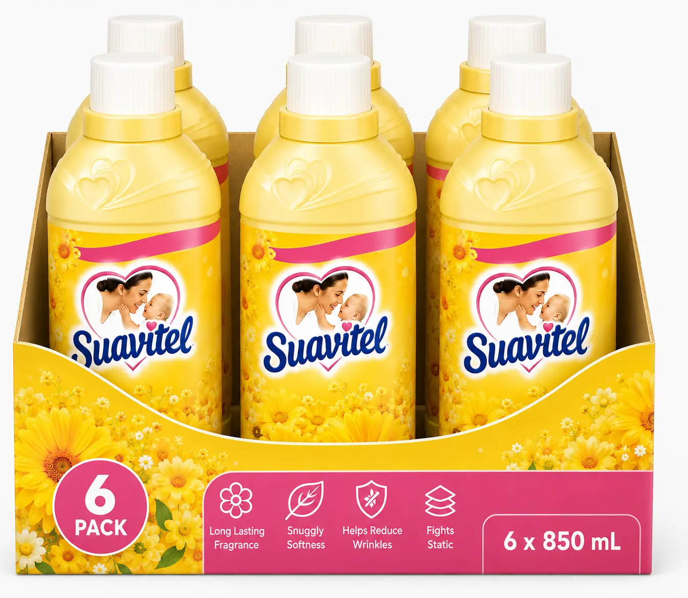 Suavitel Liquid Fabric Softener, 6 Pack Value Pack (6 x 850 mL Bottles) – Long-Lasting Fresh Fragrance, Softens Fabrics, Reduces Wrinkles & Fights Static