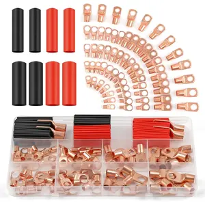 Copper Wire Lugs 130Pcs, AWG 2 4 6 8 10 12 Gauge Battery Cable Ends with 66Pcs Heat Shrink Tubing Set, 64Pcs Ring Terminals Connectors Assortment Kit for Marine, Automotive, Cables, Appliances