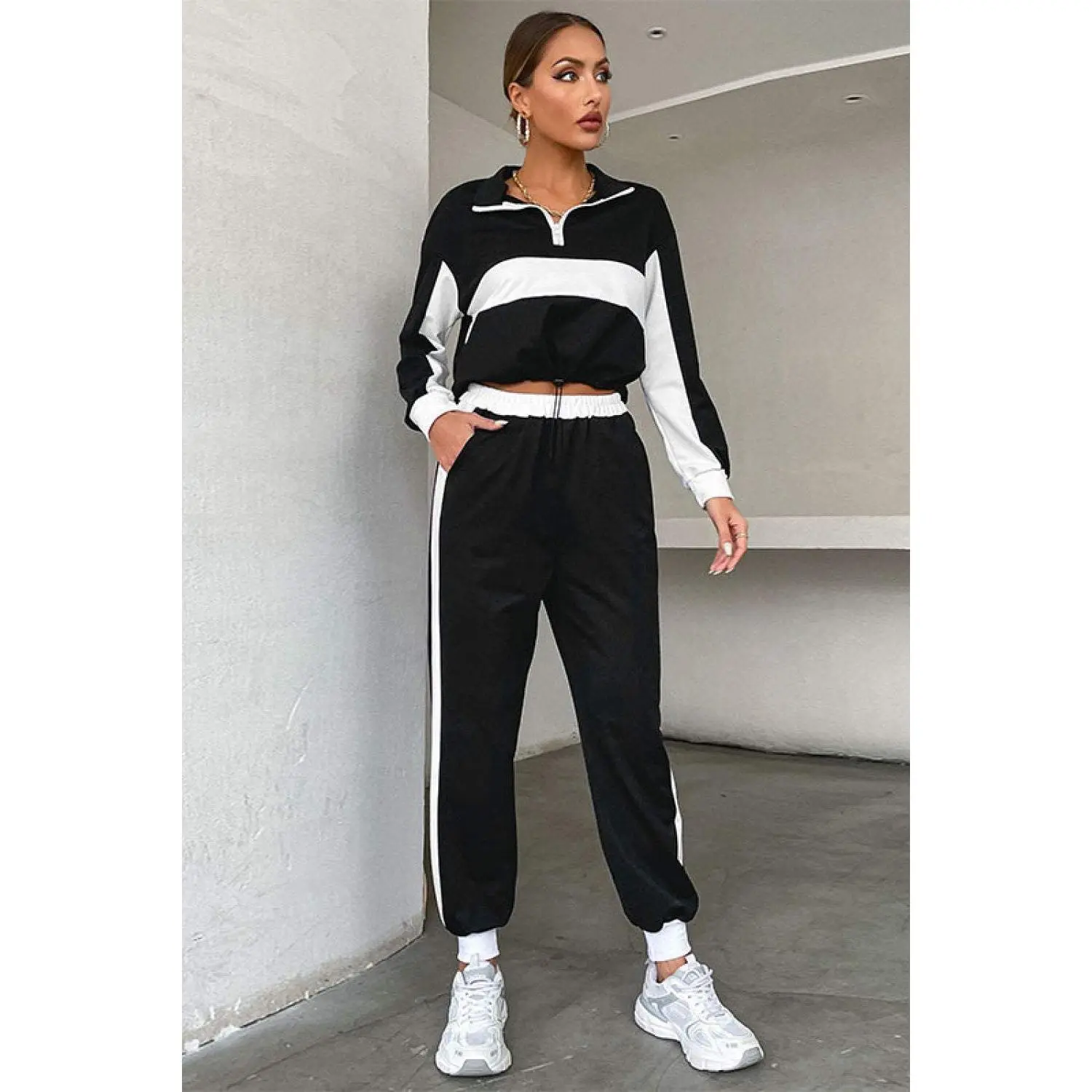 Striped Half Zip Cropped Sweatshirt and Joggers Set