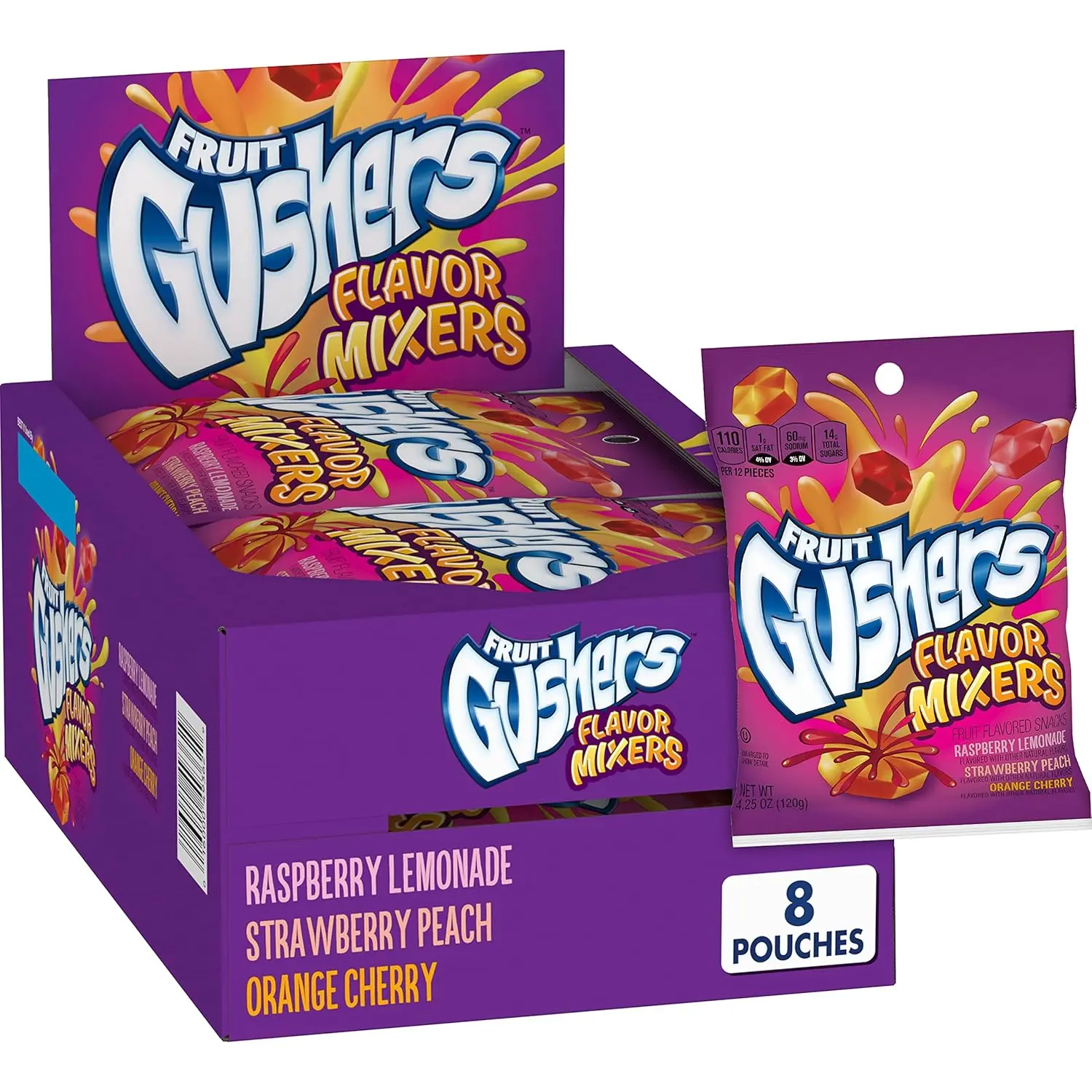 Gushers Flavor Mixers Fruit Flavored Snacks 8 ct. - Sweet and Soft Gummy with Juicy Liquid Center with Strawberry Peach, Orange Cherry, Raspberry Lemonade Flavors - 8 Count Pack Sugar Candy