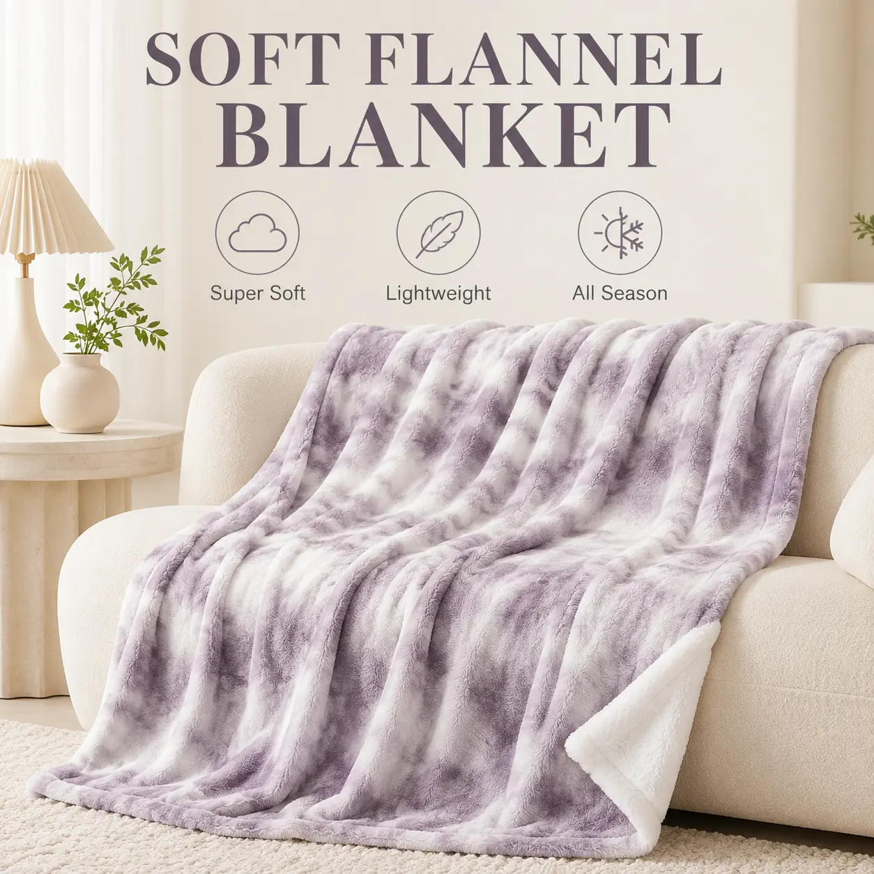 Lavender Tie-Dye Flannel Throw Blanket - Super Soft Lightweight Purple Cloud Print Blanket for Adults & Kids, 1-Sided Design with Plain White Reverse, All-Season Cozy Home Decor Cover for Bed Couch Gift