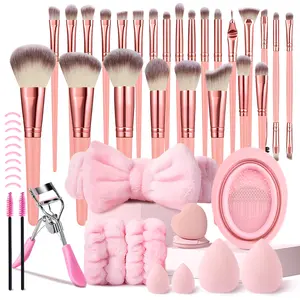 39Pcs Pink Makeup Brush Set, Makeup Brushes Kits, Includes 25Pcs Makeup Brushes, Mini and Standard Makeup Sponges, Cleaning Brush, Heart Shaped Finger Puffs, Wristbands, Headband, Eye Makeup Tools, Foundation, Concealer & Eye Shadow Brushes
