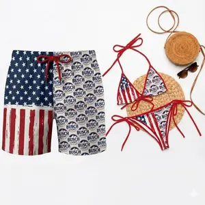 USA Flag Couple Swim Set – Patriotic Hawaiian Bikini & Men’s Beach Shorts, Bushh L!ghtt Inspired Summer Vacation Pool Party Outfit, Gift for Idea