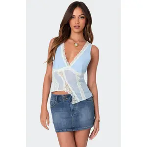 Edikted Women's Chiffon & Lace Sheer Asymmetric Top