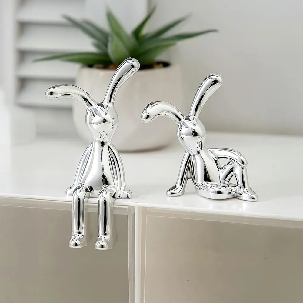 White Gold 2-Piece Plastic Rabbit Sculpture - Small Size Decoration, Desk Ornament, Ornaments, Sculpture Desk Decor, Sticky Base, Smooth Finish, Graphic Design, Earth Day Gift for Women, Modern Home Table Shelf Accessory