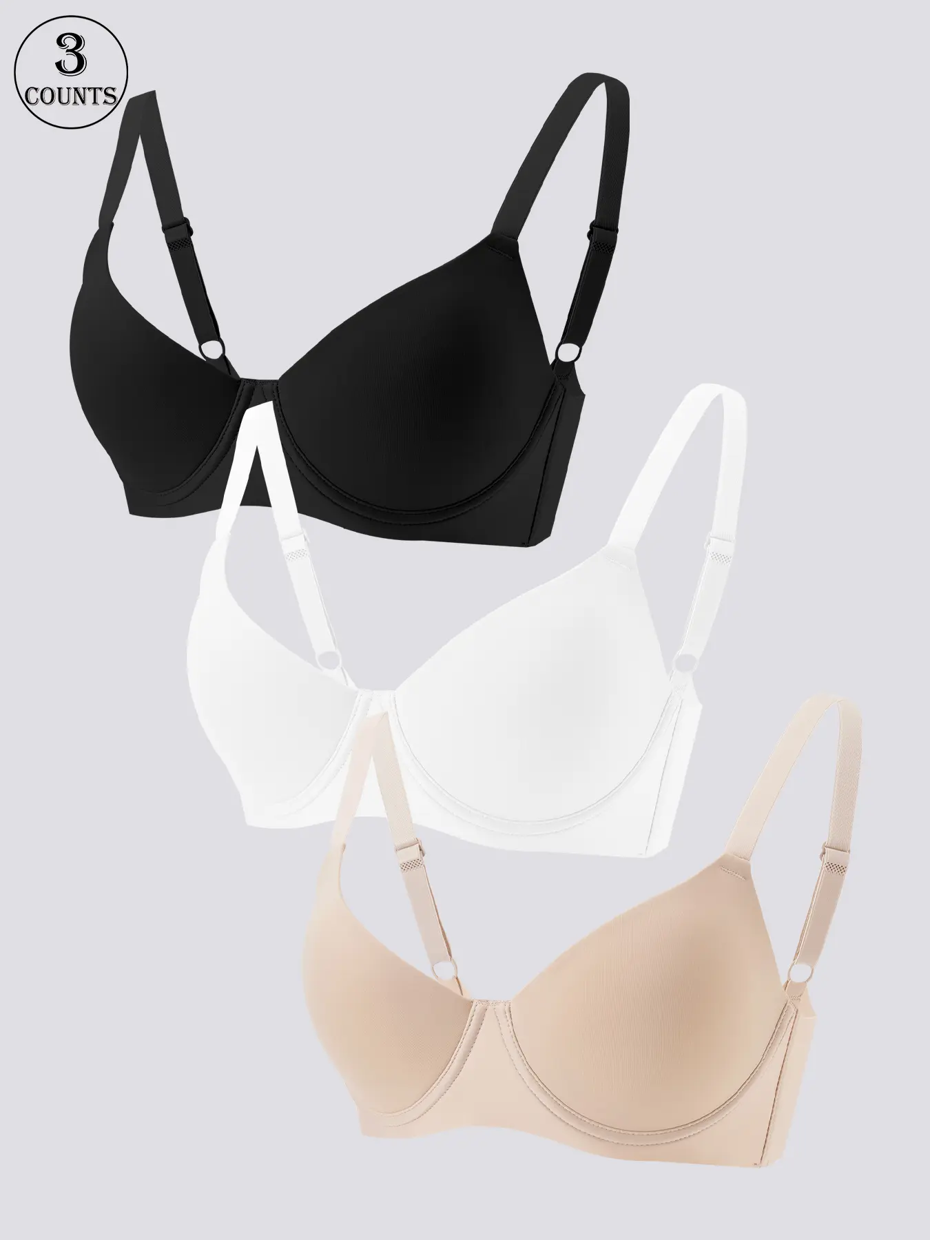 3 piece set of solid color seamless women's bras, suitable for daily casual wear, comfortable, skin-friendly, breathable, high support, push-up style with underwire and integrated cups, adjustable shoulder straps with back hook, ideal for yoga and sports.
