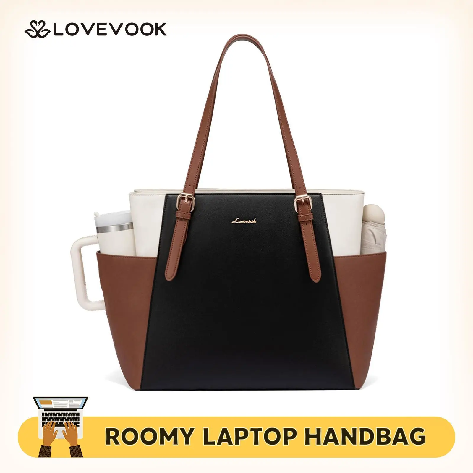 LOVEVOOK Work Tote for Women with Large Cup Holder, Multiple Pockets, Adjustable Shoulder Straps – 15.6-Inch Laptop and Tablet Compartment, Practical Chic Commuter and Travel Briefcase, PU Leather Multiplepockets Cupholder