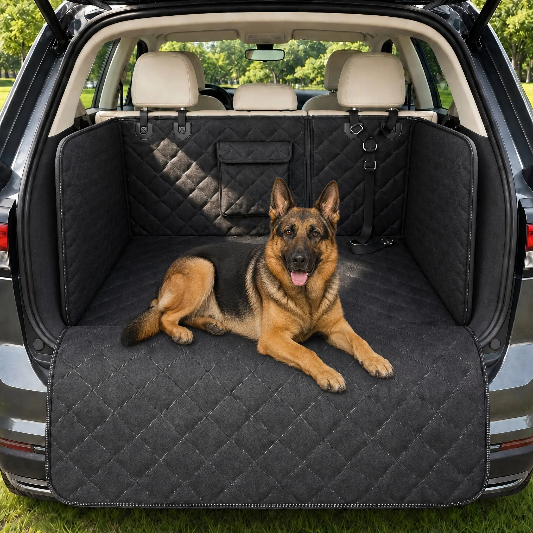 RYNVALE STUDIO Plaid SUV Dog Cargo Liner - Full Coverage Pet Protector Mat with Adjustable Cushioned Sides, Waterproof, Non-Slip, Scratch-Proof, Bumper Flap, Machine Washable (Black)
