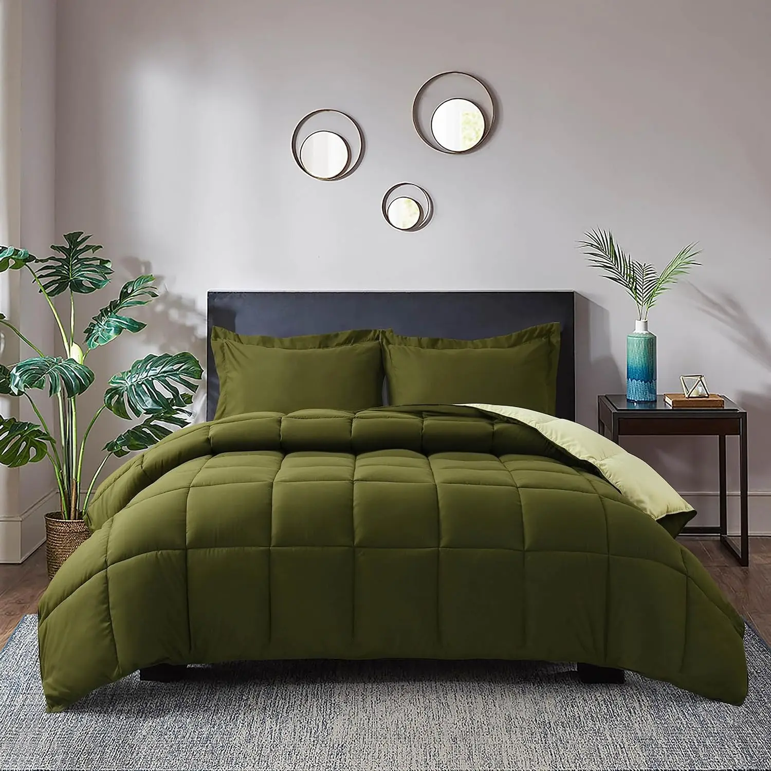 3pc Microfibre Olive Green Neutral Tones Quilt Bedding Set - Twin/Twin XL Down Alternative Fluffy Soft Comforter with Sham, Durable Quilted Duvet Insert with Corner Tabs, Box Stitched, Expert Craftsmanship, Machine Washable, Three Pieces