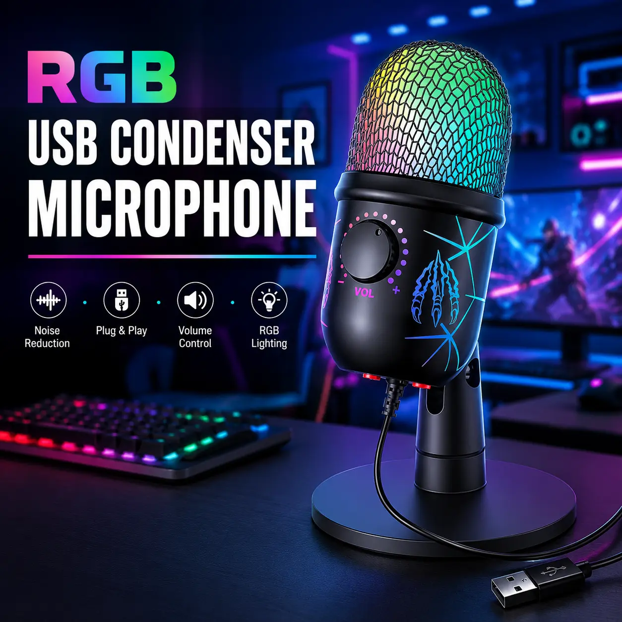 Wired RGB USB Gaming Microphone - Cardioid Gamers' Accessory with Noise Reduction, 1-Click Mute Function, Gain Control, Headphone Jack for PC, Laptop Gaming, Streaming Setup, Podcasting, Gaming Setup Accessories Audio