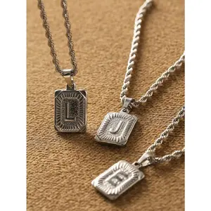 1pc Men Initial Letter Square Pendant Necklace Stainless Steel Golden Rope Chain A-Z Lettert Jewelry