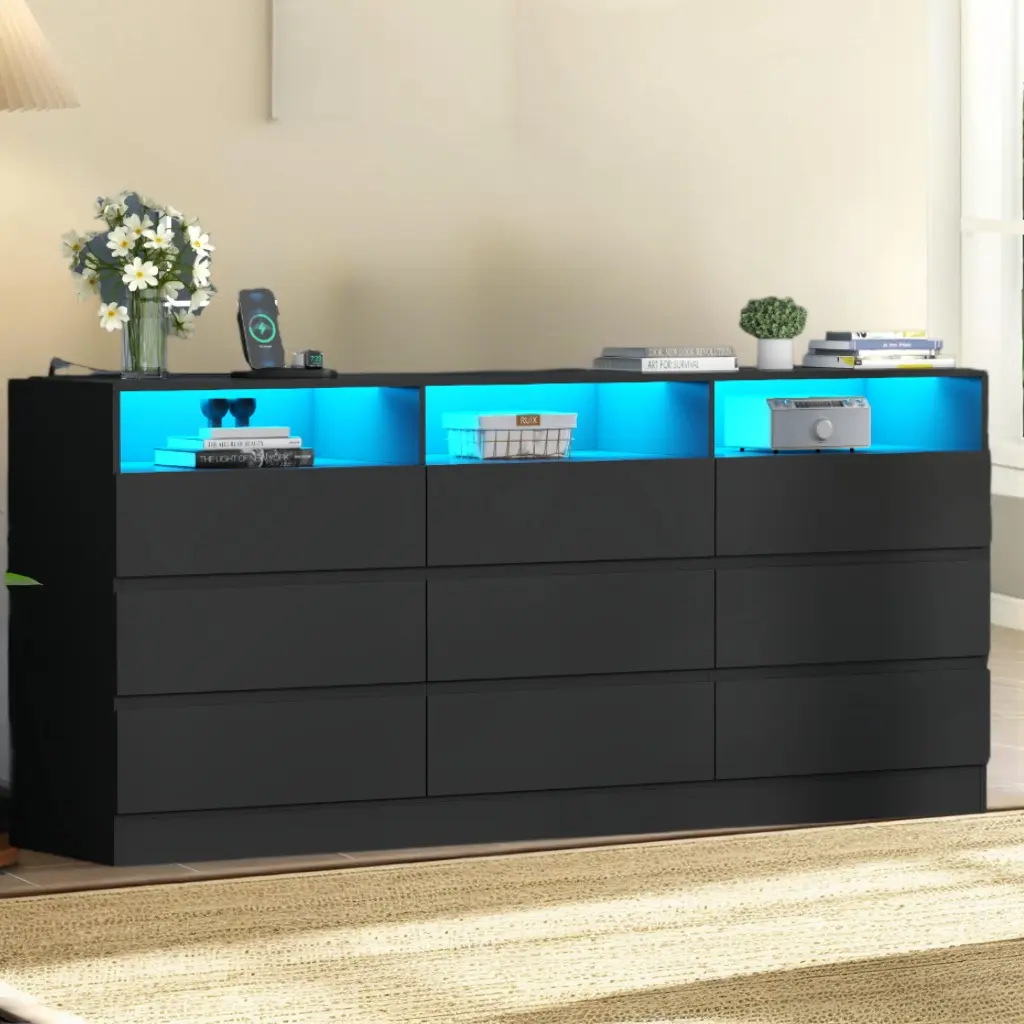 Gyfimoie 9 Drawer Dresser with Power Outlet and LED Light, Modern Storage Dresser for Bedroom, Living Room dresser nursery  dresser