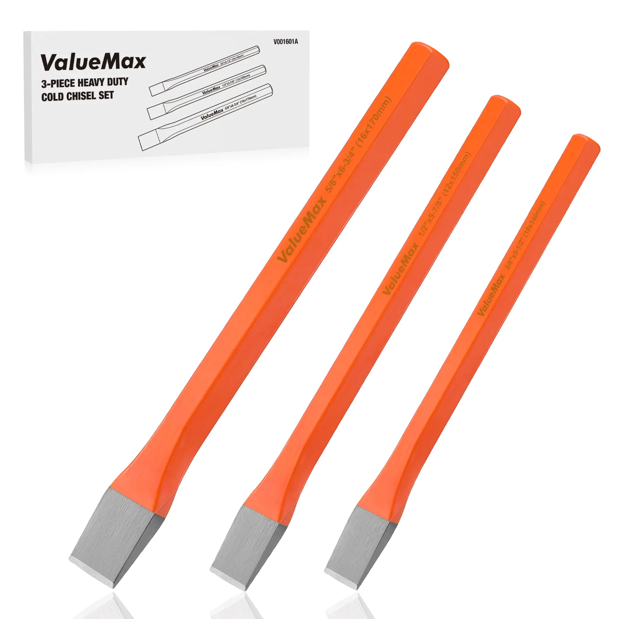 ValueMax 3-Pack Heavy Duty Cold Chisel Set, 3/8-Inch, 1/2-Inch & 5/8-Inch Metal Chisel Set, Premium Cr-V Steel, for Carpentry, Metalwork, Woodwork & Masonry Work