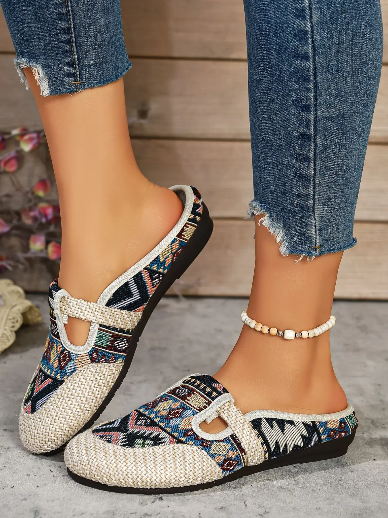Ethnic Style Braided Slip-On Flat Mules, Vintage Print Casual Shoes, Comfortable Daily Wear, Versatile Lazy Girl Footwear, Women, Non Slip Mules, Mule Flats